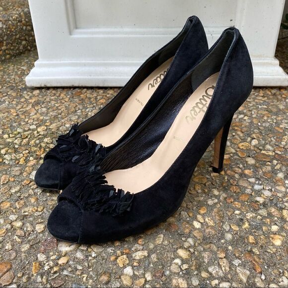 BUTTER Black Suede Peep Toe Stiletto Pumps 9.5 - Picture 1 of 7